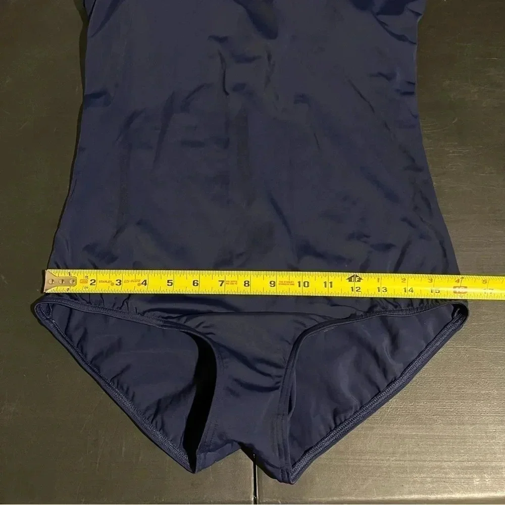 Womens 14 D Lands End Swimsuit Navy Blue Tank Built In Bra Full Cover One Piece